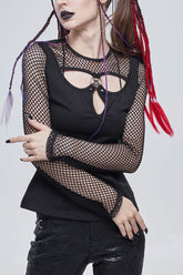 Black Punk Knitted Cotton Stitching Mesh Yarn Deep V Basic Style Metal Pentagram Decoration Women's T-Shirt